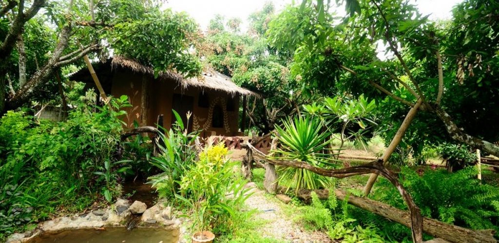 A small thatched-roof earthen cottage surrounded by a lush garden of trees, shrubs and a small pond, at Earth Home Thailand (Maejo Baandin), Mae Taeng, Chiang Mai.