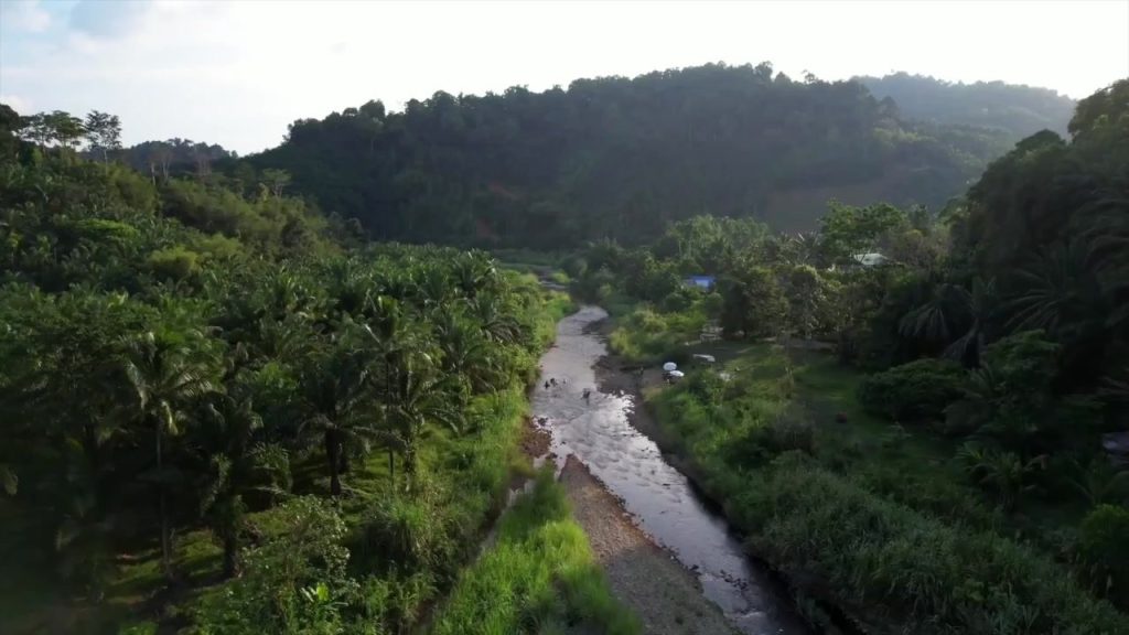 Aerial view of a shallow river winding through palm plantations and forested hills, with people gathered on the riverbank, at Eco-Logic Thailand, Phato, Chumphon.