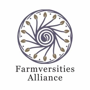 Farmversities Alliance logo: a circular spiral emblem of stylised seed pods in muted slate-purple with tan tips, above the serif wordmark 'Farmversities Alliance'.