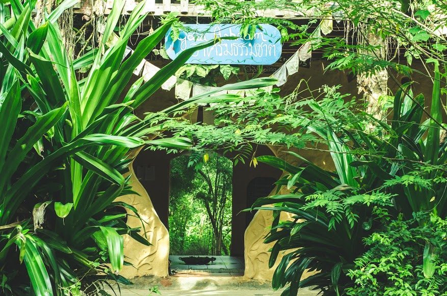 A lush green path lined with tropical plants leading past a rounded earthen natural-built structure at the entrance to Gaia Ashram.
