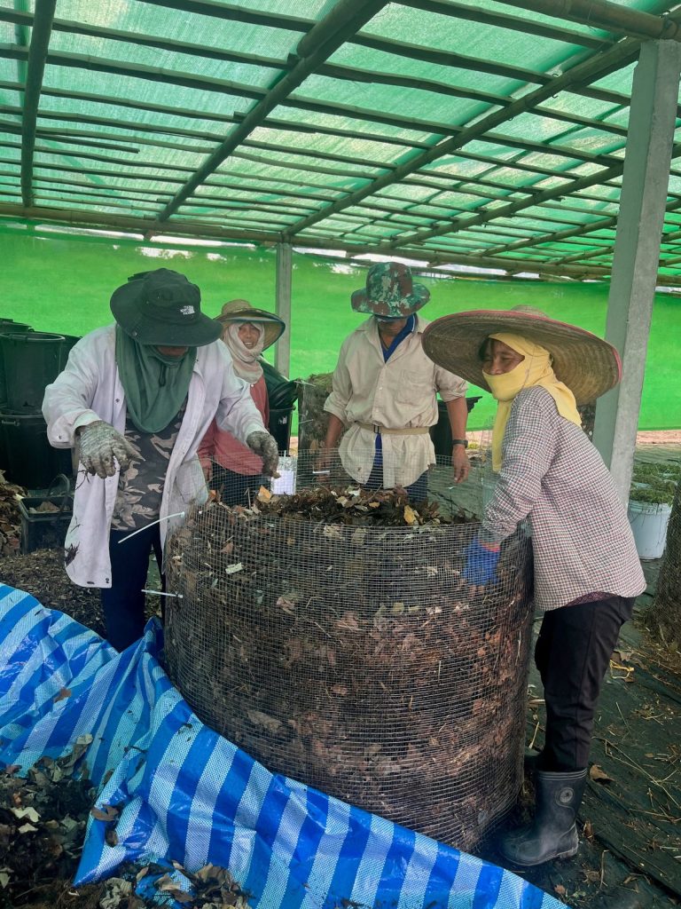 Four people in sun hats building a large wire-mesh compost basket under shade netting at Sunshine Permaculture, Mae Taeng, Chiang Mai.