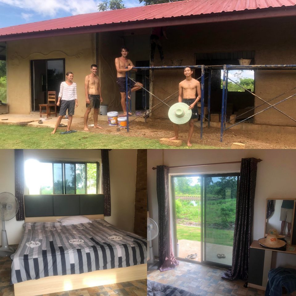 Volunteers building an earthen-walled house under a red metal roof, with interior views of a bedroom and a glass door opening onto the garden, at Suwan Organic Farmstay, Phen, Udon Thani.