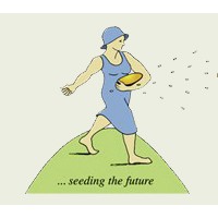 Blue Mountains Permaculture Institute emblem: an illustrated figure in a blue dress and hat scattering seeds on a green hill, above the words 'seeding the future'.