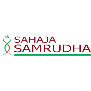 Sahaja Samrudha logo: the words Sahaja Samrudha in dark red beside a green sprouting seed motif, above a green underline.