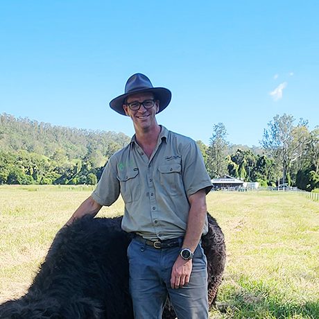 Danial Lawton in a wide-brimmed hat standing in a green paddock beside a black cow, trees and hills behind.