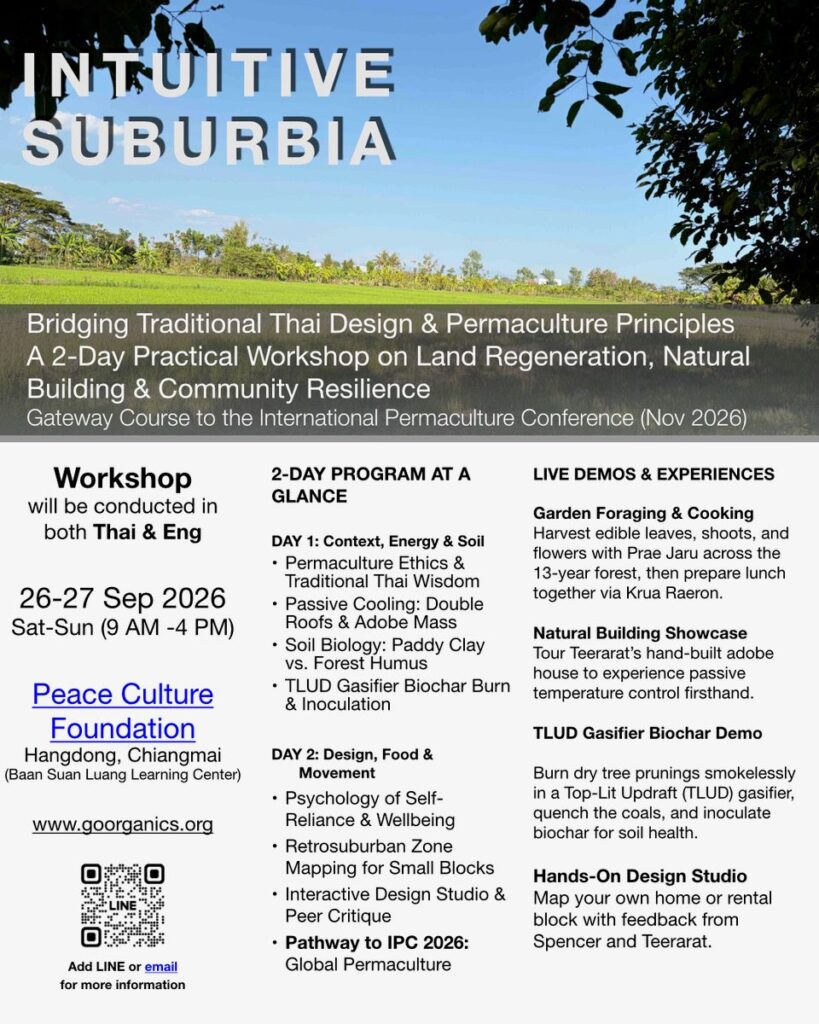 Intuitive Suburbia workshop poster with the two-day programme, 26 to 27 September 2026, Hang Dong, Chiang Mai
