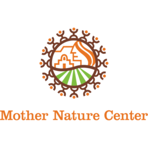 Mother Nature Center logo: a brown circular sun emblem enclosing an orange adobe building above green fields, with the words Mother Nature Center in orange serif type.