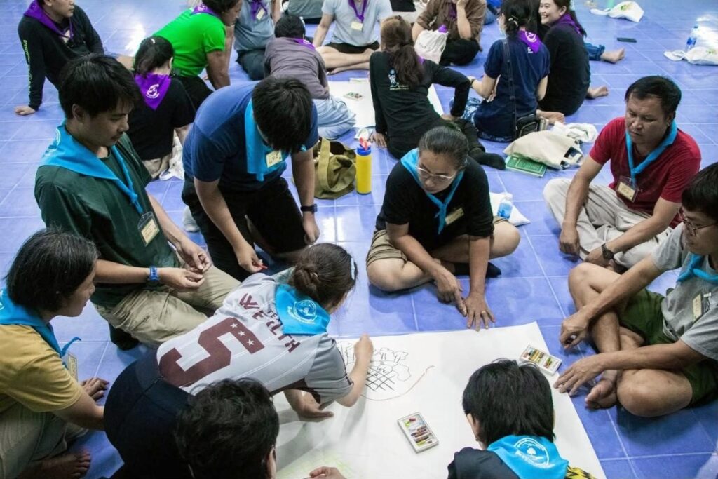 Participants drawing a farm plan on a large sheet of paper at a previous course at the Mab Ueang Agri-Nature Centre